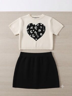 Vince Camuto Cream Top and Black Skirt Matching Set with Leopard Heart